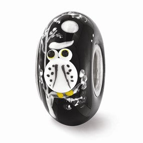 Sterling Silver Black Hand Painted White Owl Glass Bead Charm hide-image