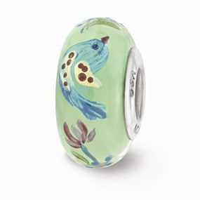 Sterling Silver Green Hand Painted Calico Bird Glass Bead Charm hide-image