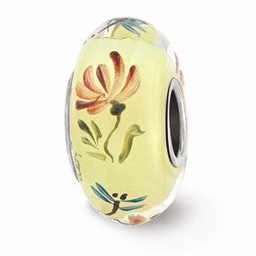 Sterling Silver Ivory Hand Painted Floral Fly Glass Bead Charm hide-image