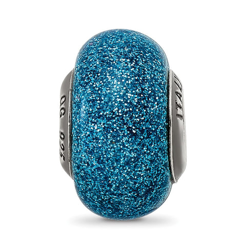 Blue Glitter Italian Glass Charm Bead in Sterling Silver