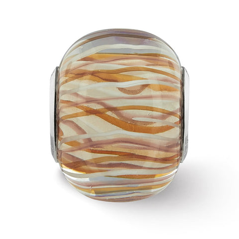 Brown And White Striped Glass Charm Bead in Sterling Silver