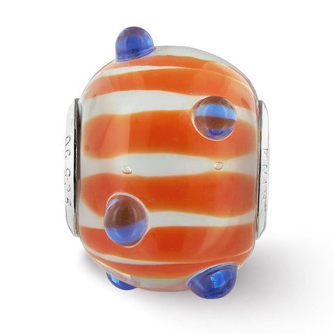 Blue Polka-Dot Orange And White Glass Charm Bead in Sterling Silver