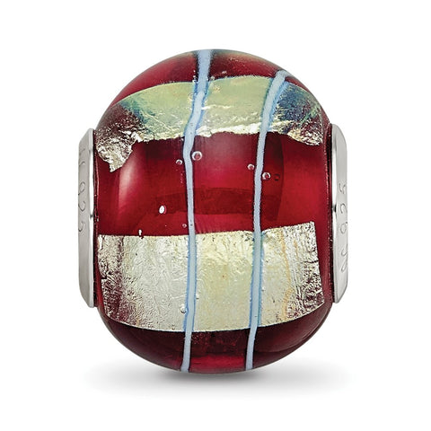 Foil Striped Red Glass Charm Bead in Sterling Silver