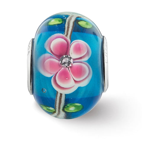 CZ Blue & Pink Floral Blue Glass Charm Bead in Sterling Silver