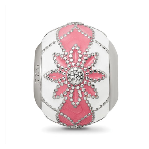 Czs White & Pink Enameled Flowers Charm Bead in Sterling Silver