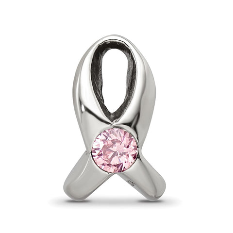 Silver Ribbon With Pink CZ Charm Bead in Sterling Silver