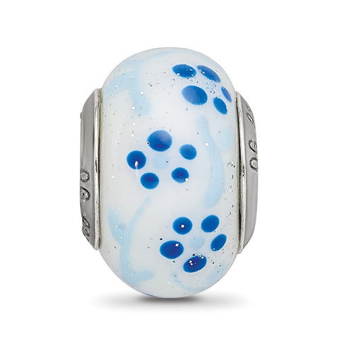 Blue Glitter Flower Italian Glass Charm Bead in Sterling Silver