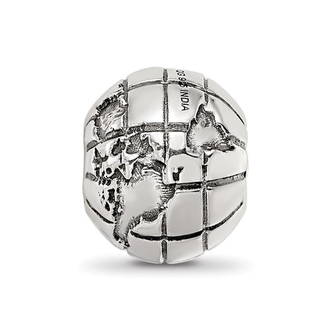 Antiqued Globe Pattern Charm Bead in Sterling Silver