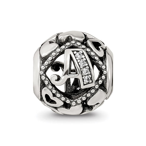 CZ Letter A Charm Bead in Sterling Silver