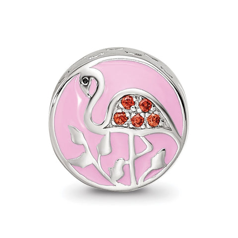 Enamel CZ Flamingo Charm Bead in Sterling Silver