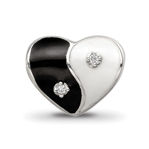 Enamel CZ Yin Yang Heart Charm Bead in Sterling Silver