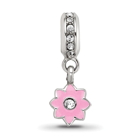 Crystals From Swarovski Pink Enamel Dangle Flower Charm Bead in Sterling Silver