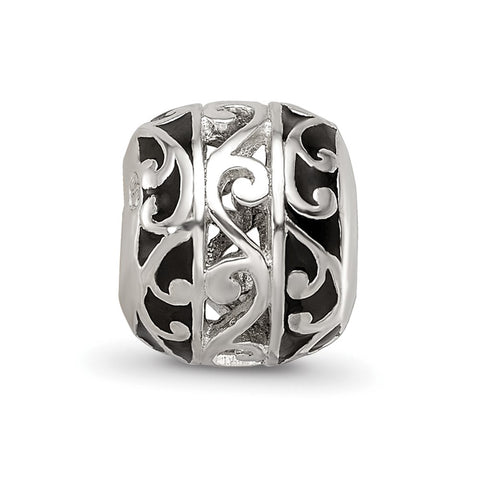 Black Enamel Swirl Design Charm Bead in Sterling Silver