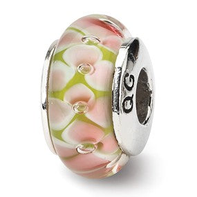 Sterling Silver Pink Floral Hand-blown Glass Bead Charm hide-image