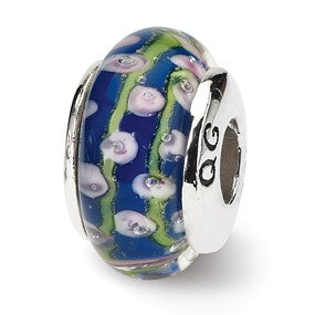 Sterling Silver Blue Floral Hand-blown Glass Bead Charm hide-image