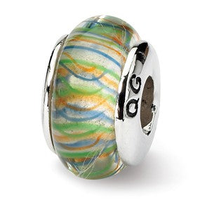 Sterling Silver GreenPastel Striped Hand-blown Glass Bead Charm hide-image