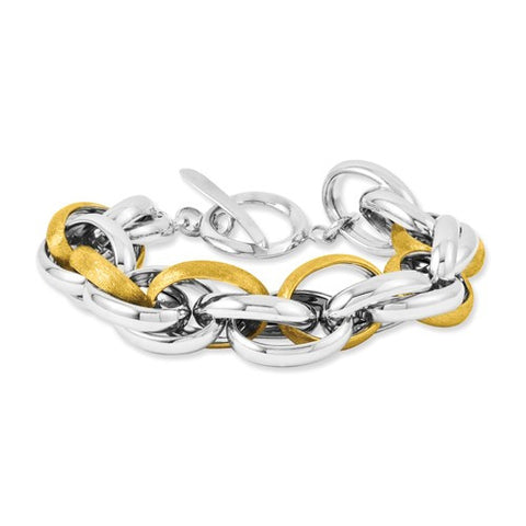 Sterling Silver Two Tone, Rhodium & Gold Plate Oval Link Toggle Bracele Link-Bracelet