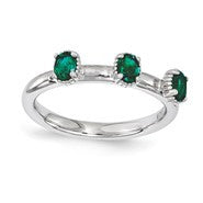 Sterling Silver Created Emerald Three Stone Ring