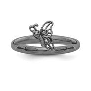 Sterling Silver Black-plated Butterfly with Diamond Ring