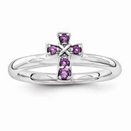 Sterling Silver w/Rhodium Amethyst Cross Ring