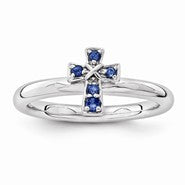 Sterling Silver w/Rhodium Sapphire Cross Ring