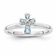 Sterling Silver w/Rhodium Blue Topaz Cross Ring