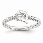 Sterling Silver White Topaz & Diamond Dolphin Ring