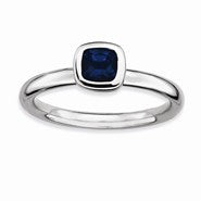 Sterling Silver Cushion Cut Created Sapphire Ring