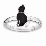 Sterling Silver Black Enameled Cat Ring