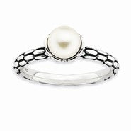 Sterling Silver Polished Patterned White Pearl Ring