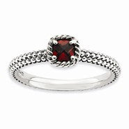 Sterling Silver Checker-cut Garnet Antiqued Ring