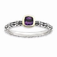 Sterling Silver & 14k Checker-cut Amethyst Antiqued R, Size 5, Jewelry Ring