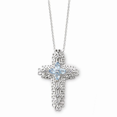 Sterling Silver Mar CZ Birthstone Message Of The CrossNecklace