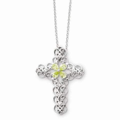 Sterling Silver Aug CZ Birthstone Message Of The CrossNecklace