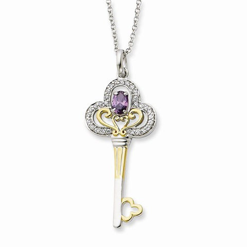 Sterling Silver & Gold-Plated Feb CZ Birthstone Key Necklace