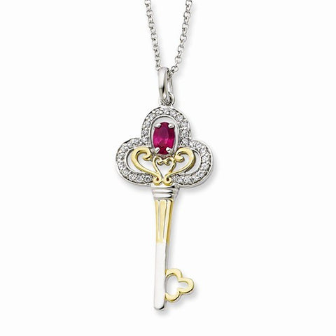 Sterling Silver & Gold-Plated July CZ Birthstone Key Necklace