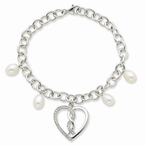 Sterling Silver Cultured Pearl & Cz Hearts Joined Together Bracelet