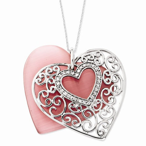 Sterling Silver CZ & Simulated Cat'S Eye Keep An Open Heart Necklace