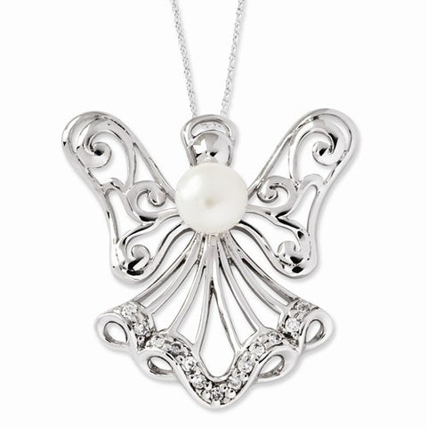 Sterling Silver FW Cultured Pearl & CZ Angel Of Purity Necklac Necklace