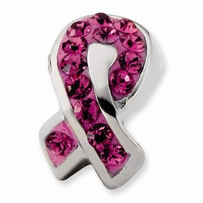 Sterling Silver Pink Crystal Awareness Ribbon Bead Charm hide-image