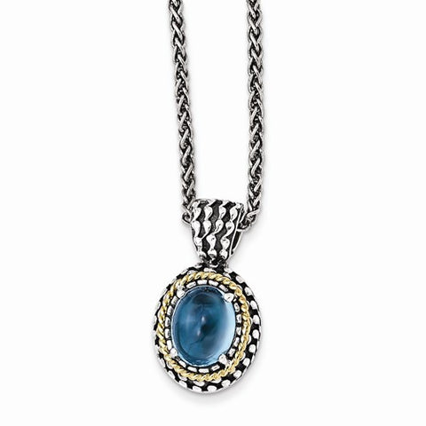 14K Yellow Gold and Silver Antiqued Blue Topaz Necklace