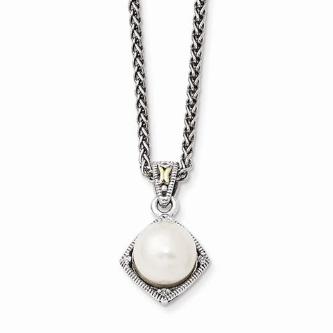 14K Yellow Gold and Silver FW Cultured Pearl & Diamond Necklace