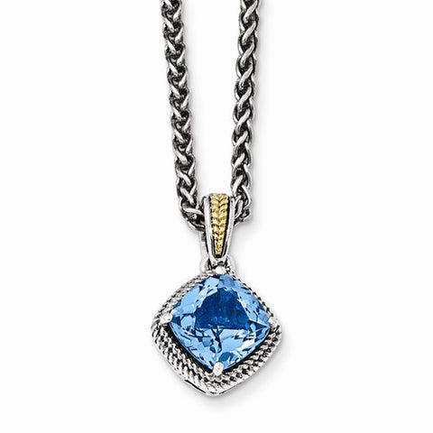 14K Yellow Gold and Silver Antiqued Blue Topaz Necklace