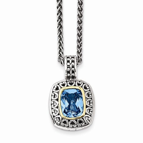 14K Yellow Gold and Silver Antiqued Light Swiss Blue Topaz Necklace