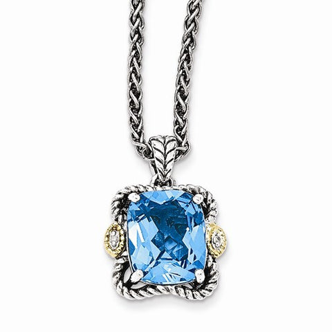 14K Yellow Gold and Silver Antiqued Blue Topaz and Diamond Necklace