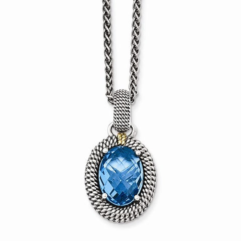 14K Yellow Gold and Silver Antiqued Blue Topaz Necklace