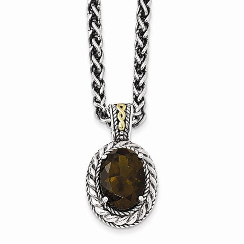 14K Yellow Gold and Silver Antiqued Smokey Quartz Necklace