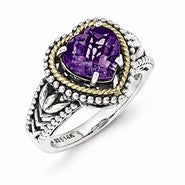 Sterling Silver w/14k Yellow Gold Antiqued Amethyst Heart Ring