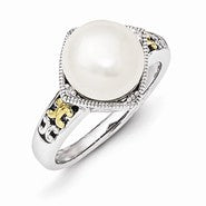 Sterling Silver w/14k Yellow Gold Freshwater Cultured Pearl and Diamond Ring