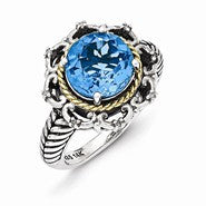 Sterling Silver w/14k Yellow Gold Antiqued Blue Topaz and Diamond Ring